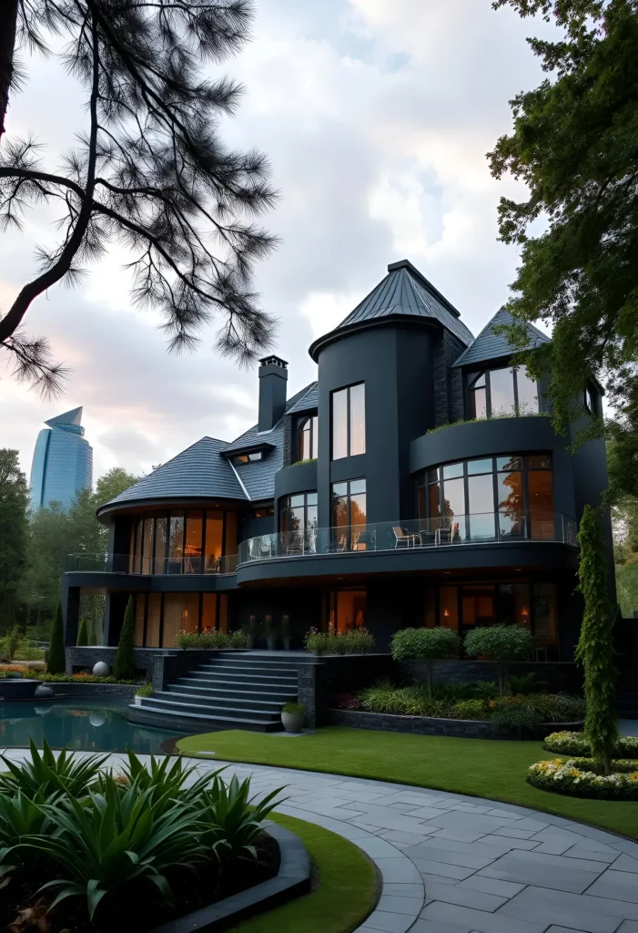 Black modern house with Gothic-inspired turrets, glass railings, and surrounding lush greenery.