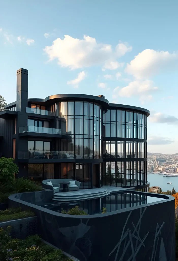 Black modern house with curved glass facades overlooking a waterfront city view, surrounded by lush landscaping.