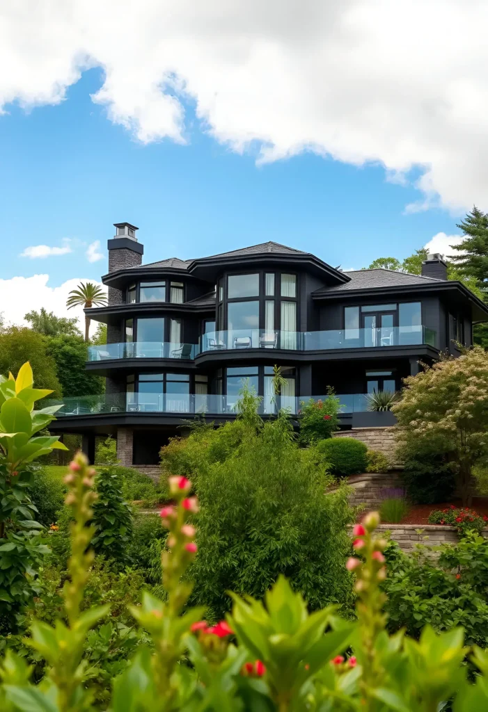 Black modern house surrounded by vibrant greenery, featuring wraparound balconies and expansive glass windows.