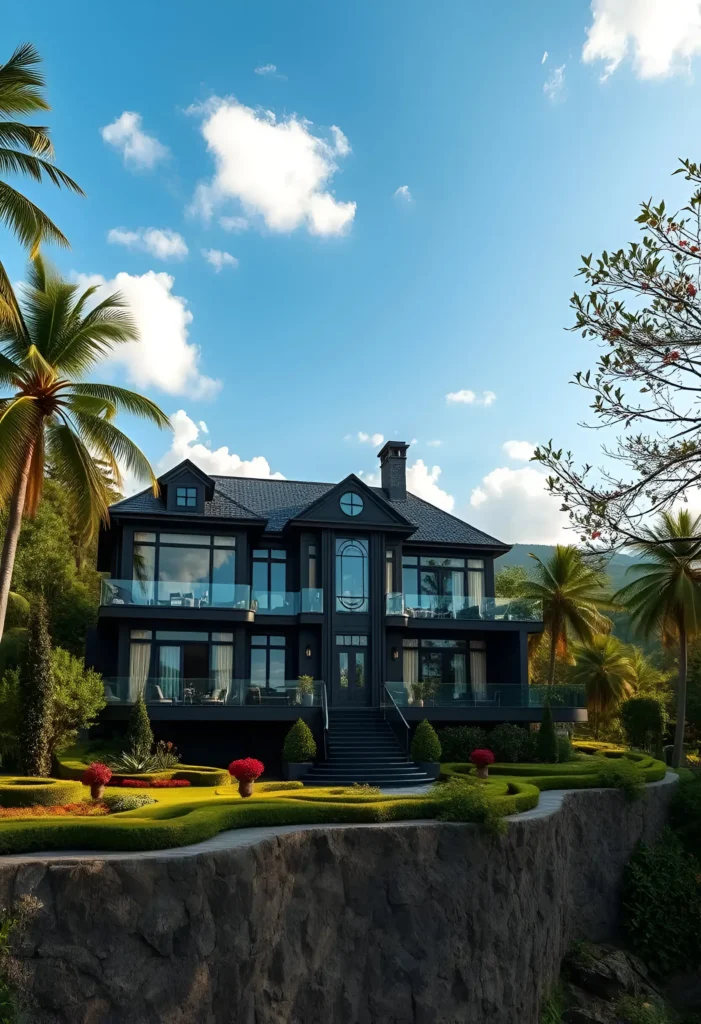 Black modern house on a cliffside with tropical landscaping, palm trees, and expansive glass balconies under a bright blue sky.