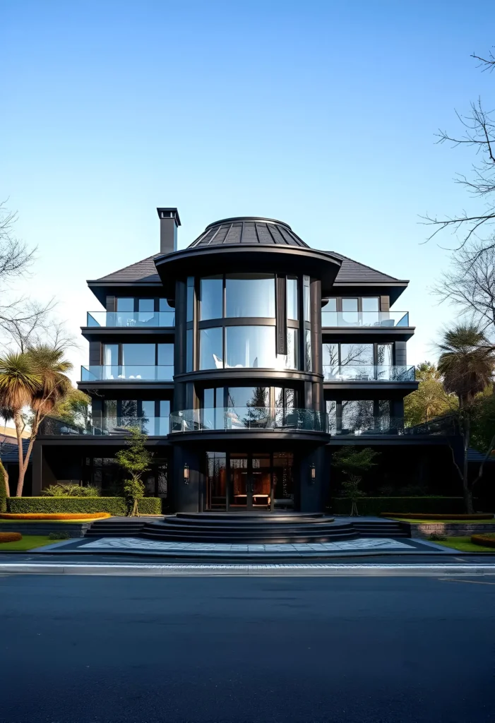 Modern black house with a circular central glass tower, sleek architecture, and landscaped surroundings under a clear blue sky.