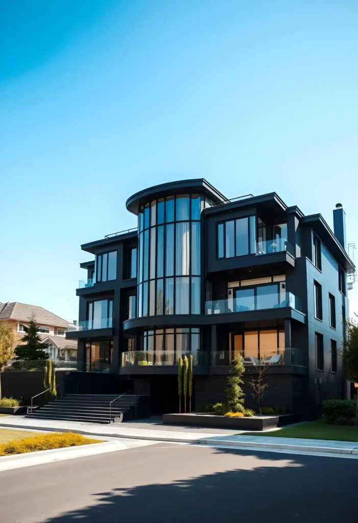 Black modern house with a curved glass facade and sleek minimalist architecture under a vibrant blue sky.