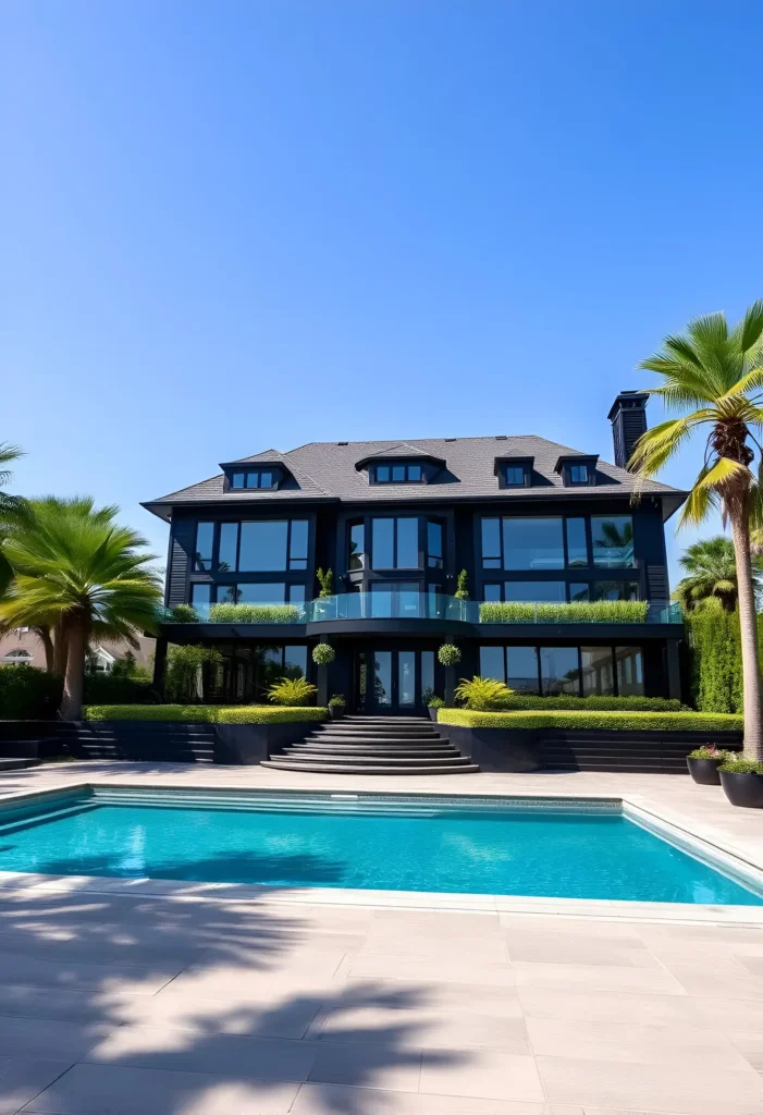 Black modern house with a grand staircase, pool, palm trees, and lush greenery under a bright blue sky.