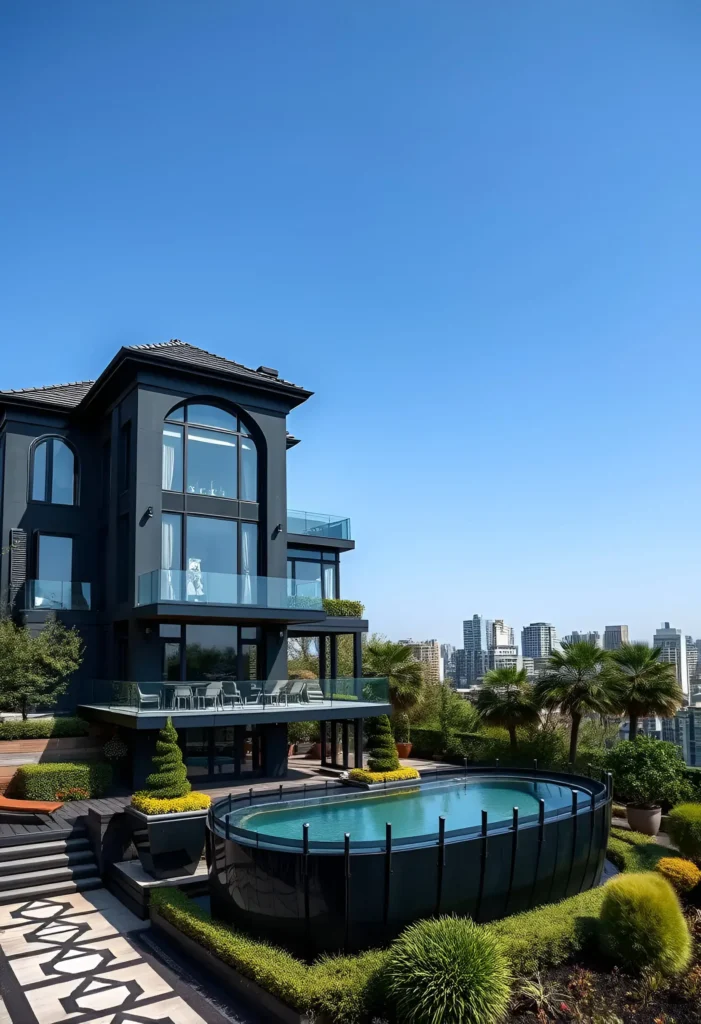 Black modern house with a rooftop pool, glass railings, manicured greenery, and a stunning city skyline in the background. Black Modern Houses