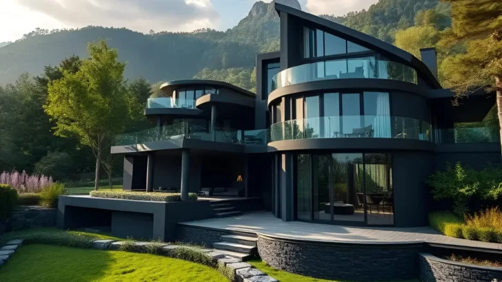 Black modern house with curving glass facades, angular rooflines, and tiered green landscaping set against a mountain backdrop.