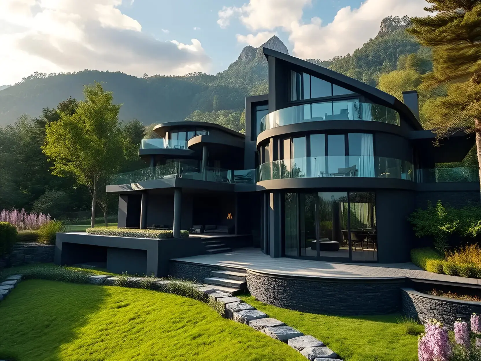 Black modern house with curving glass facades, angular rooflines, and tiered green landscaping set against a mountain backdrop.