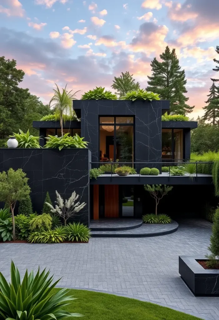 Modern black house with marbled black walls, rooftop greenery, large glass windows, and vibrant landscaping.