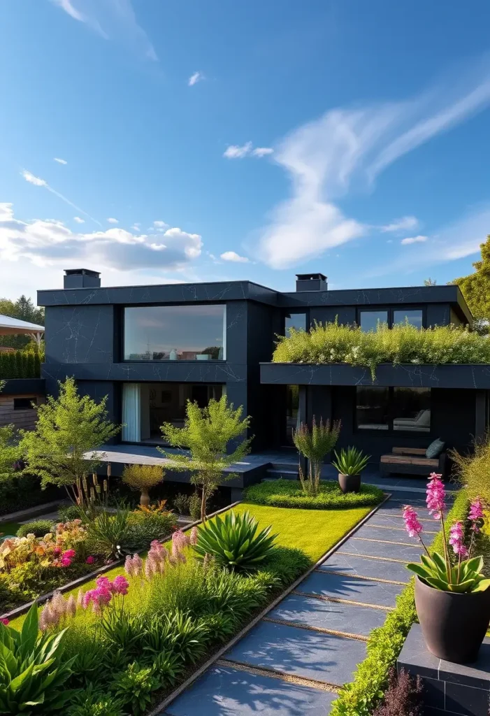 Sleek black modern house with vibrant landscaping, a lush rooftop garden, and large windows under a clear blue sky.