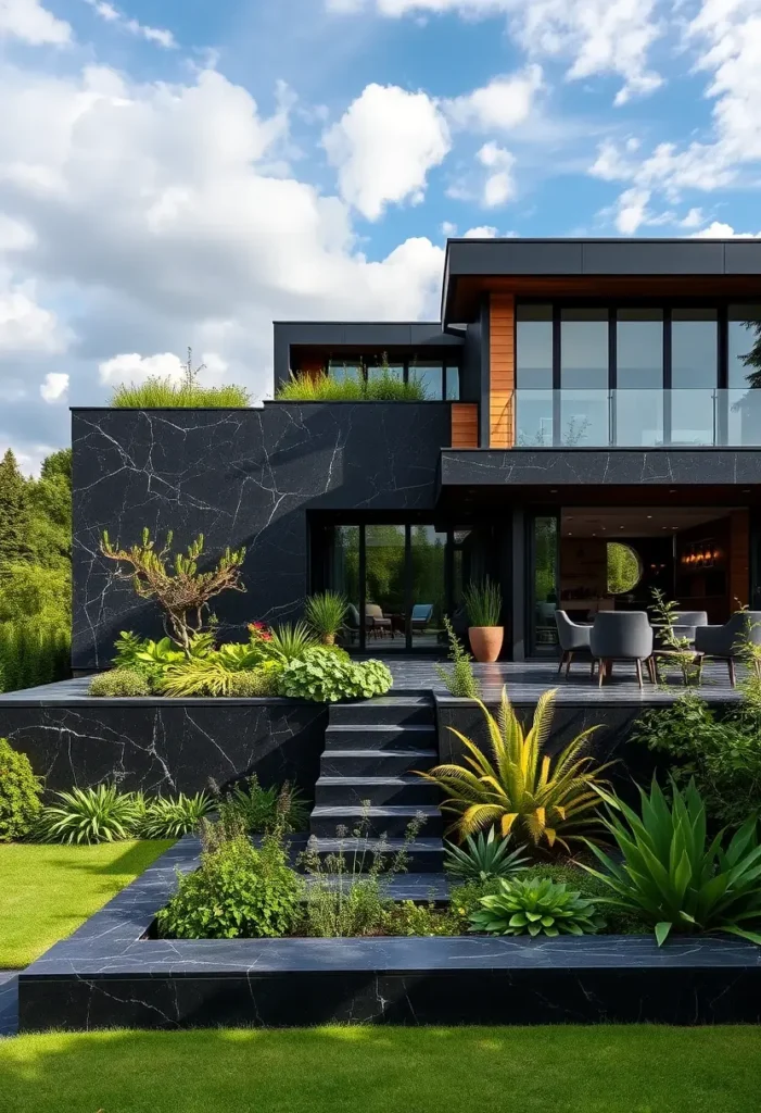 Modern black house with marbled walls, wood accents, terraced garden, and large glass doors leading to a stylish outdoor seating area.