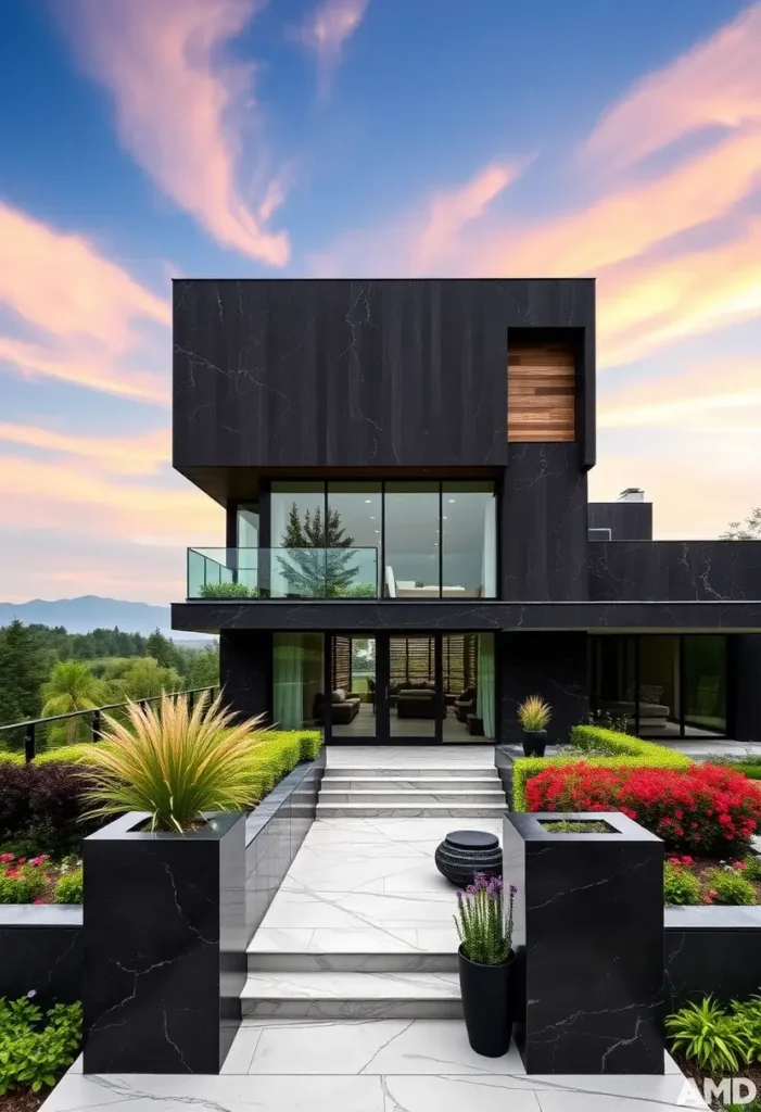 Black modern house with marble-textured walls, white stone steps, large glass windows, and colorful landscaping under a vibrant sunset sky.