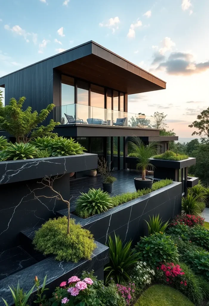 Black modern house with terraced greenery, glass railings, expansive windows, and a landscaped garden under a soft evening sky.