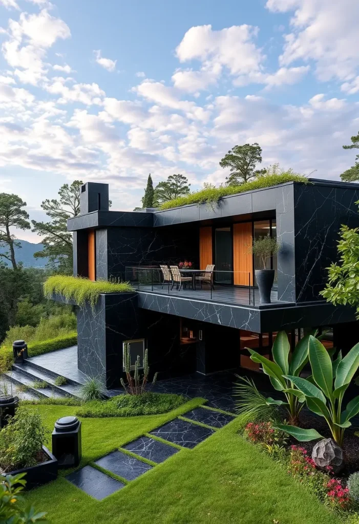 Black modern house with marble-textured walls, rooftop greenery, an elevated balcony, and vibrant landscaping under a partly cloudy sky.