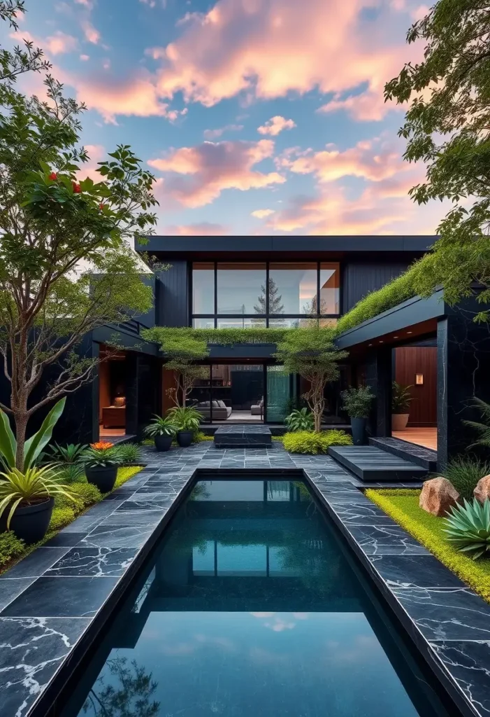 Modern black house with a courtyard pool, marble pathways, lush greenery, and expansive windows under a vibrant sunset sky.