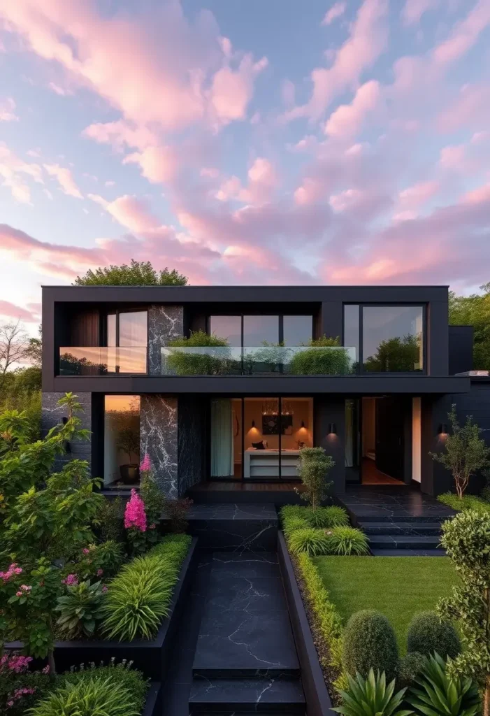 Modern black house with marble textures, lush landscaping, glass windows, and a sunset sky backdrop.