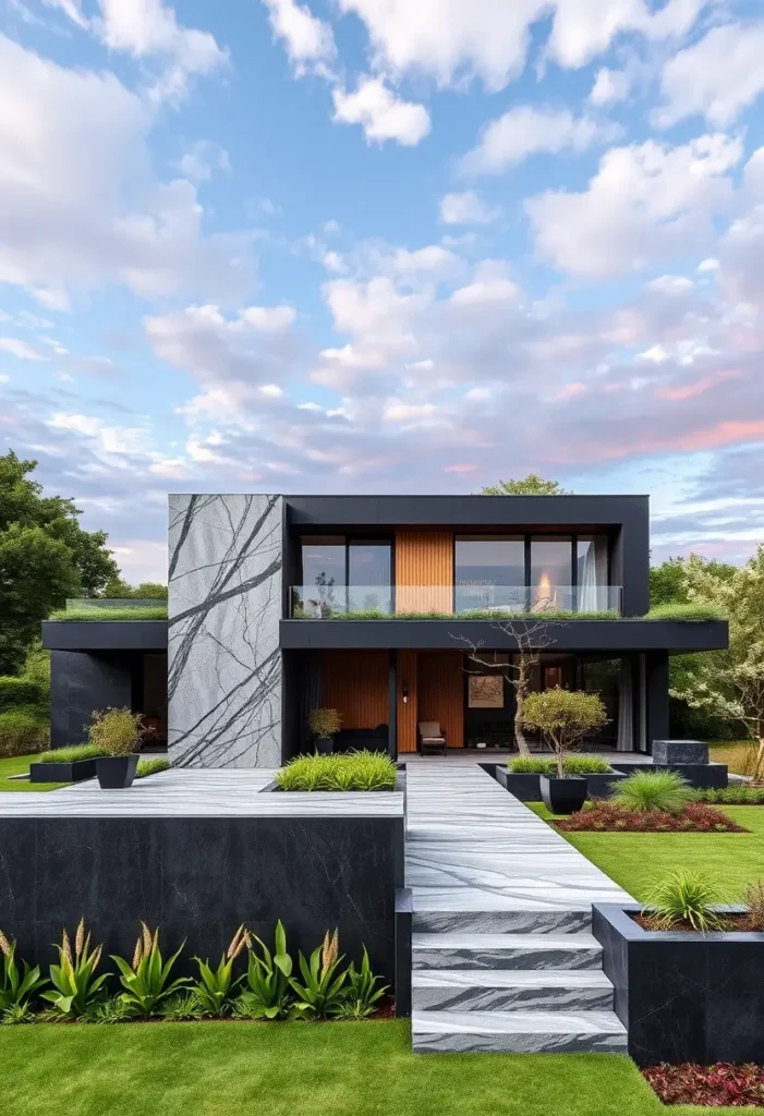 Black modern house with bold marble accents, wooden details, tiered landscaping, and glass railings under a soft evening sky.