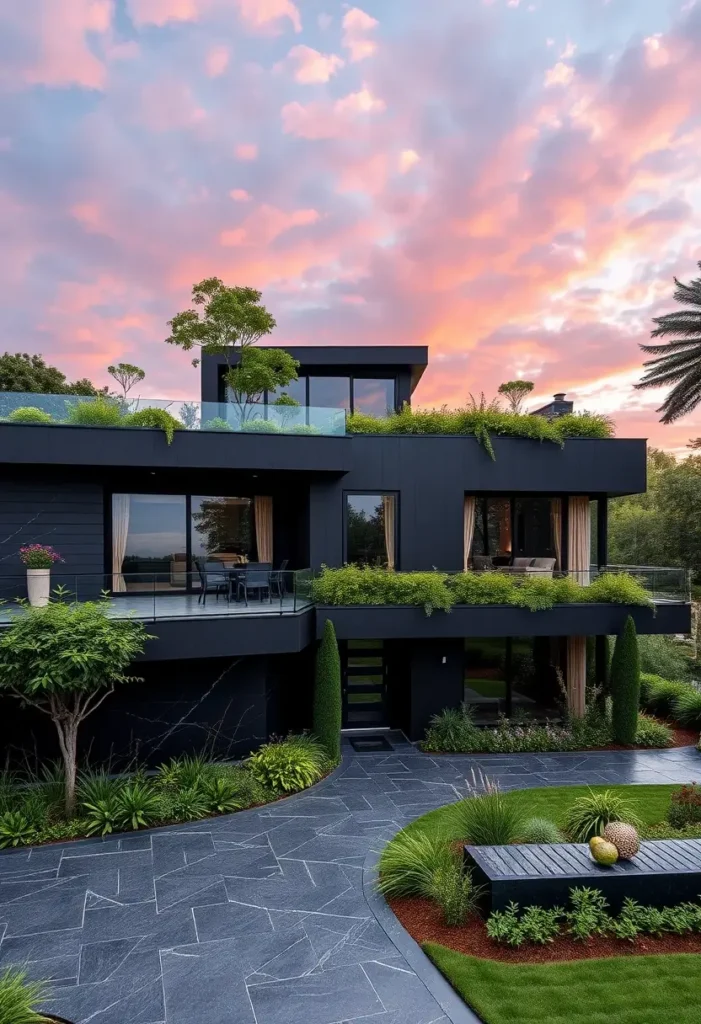 Black modern house with layered terraces, rooftop greenery, glass railings, and lush landscaping under a stunning sunset sky.