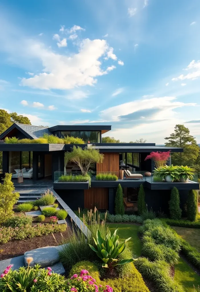 Black modern house with wooden accents, lush greenery, multiple terraces, and outdoor seating areas under a clear blue sky.