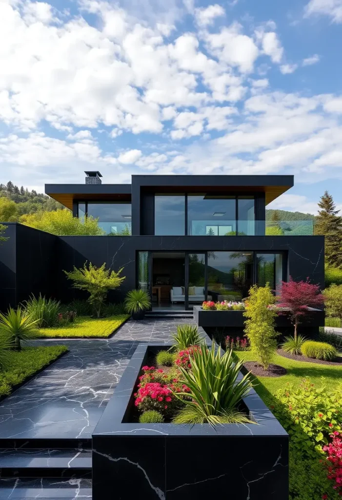 Black modern house with marble textures, vibrant landscaping, large glass panels, and manicured pathways under a bright blue sky.