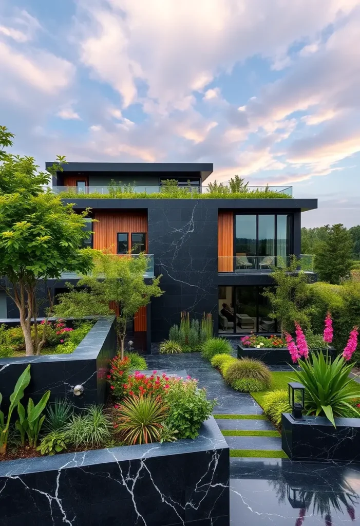 Black modern house with marble-textured walls, wooden accents, vibrant landscaping, and rooftop greenery under a soft evening sky.