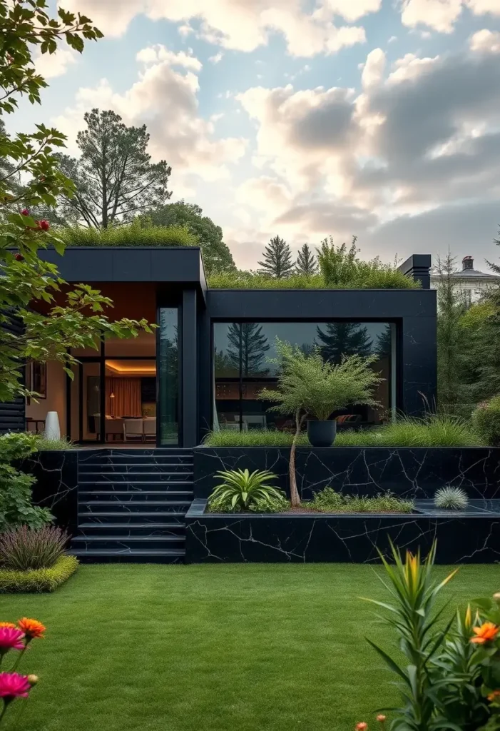 Black modern house with marble-textured walls, rooftop greenery, large glass windows, and manicured landscaping under a partly cloudy sky.