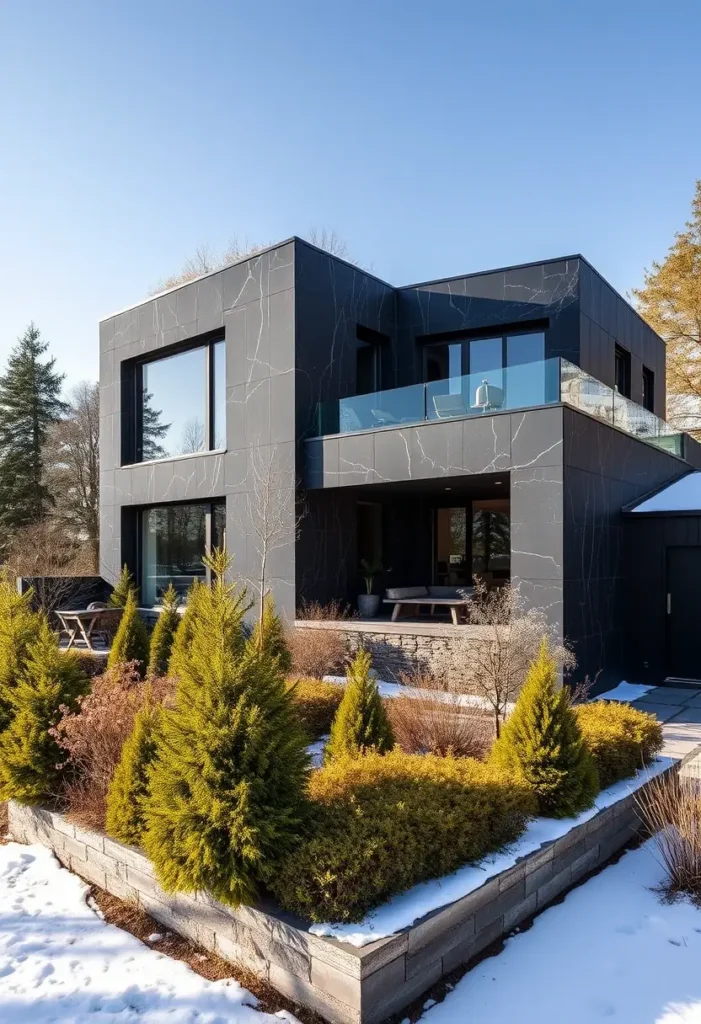 Black modern house with marble-textured walls, glass railings, evergreen landscaping, and a snowy foreground under a clear blue sky.