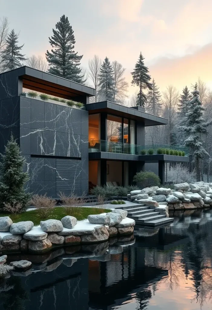 Modern black house with marble-textured walls, glass railings, snow-covered rocks, and a lake reflecting the winter landscape.