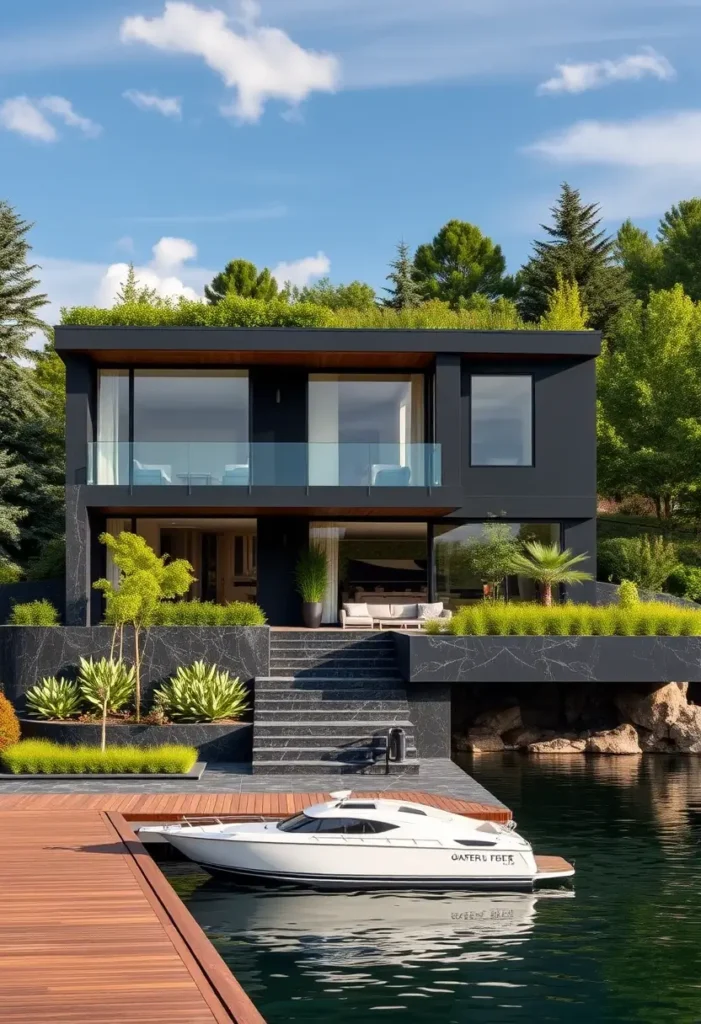 Black modern house with glass balcony, marble-textured steps, lush greenery, and a private dock with a white boat on a calm lake.