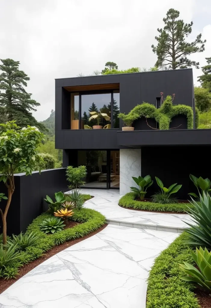 Black modern house with marble pathways, vibrant greenery, hanging vines, and large windows surrounded by lush landscaping.