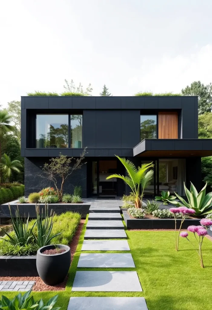 Black modern house with stone pathways, wooden accents, vibrant landscaping, and a rooftop garden surrounded by greenery.