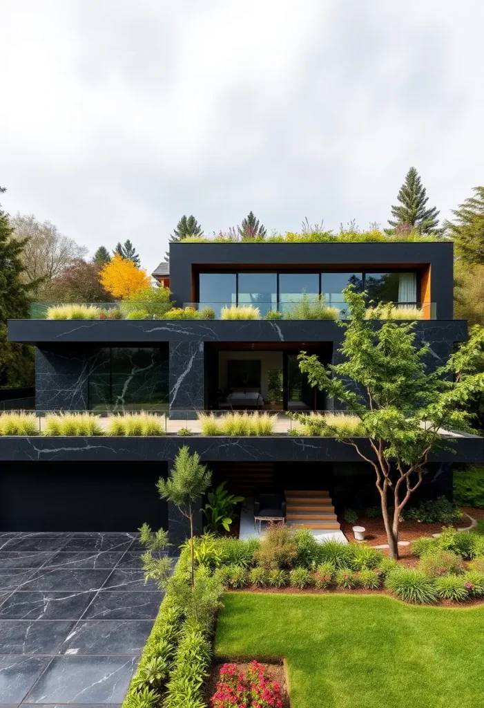 Black modern house with layered design, marble textures, glass balconies, lush rooftop gardens, and vibrant landscaping.