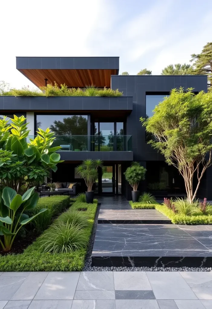 Black modern house with marble textures, wooden overhang, large glass windows, and vibrant landscaping surrounded by greenery.