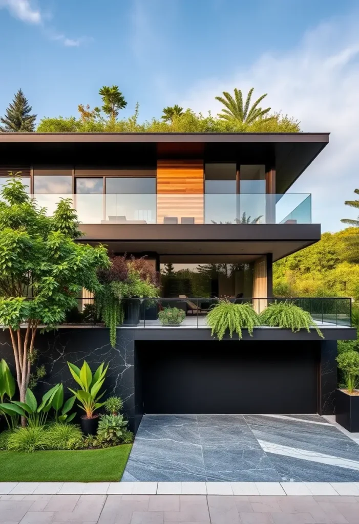 Black modern house with wooden accents, glass railings, cascading greenery, a rooftop garden, and a marble-textured driveway.