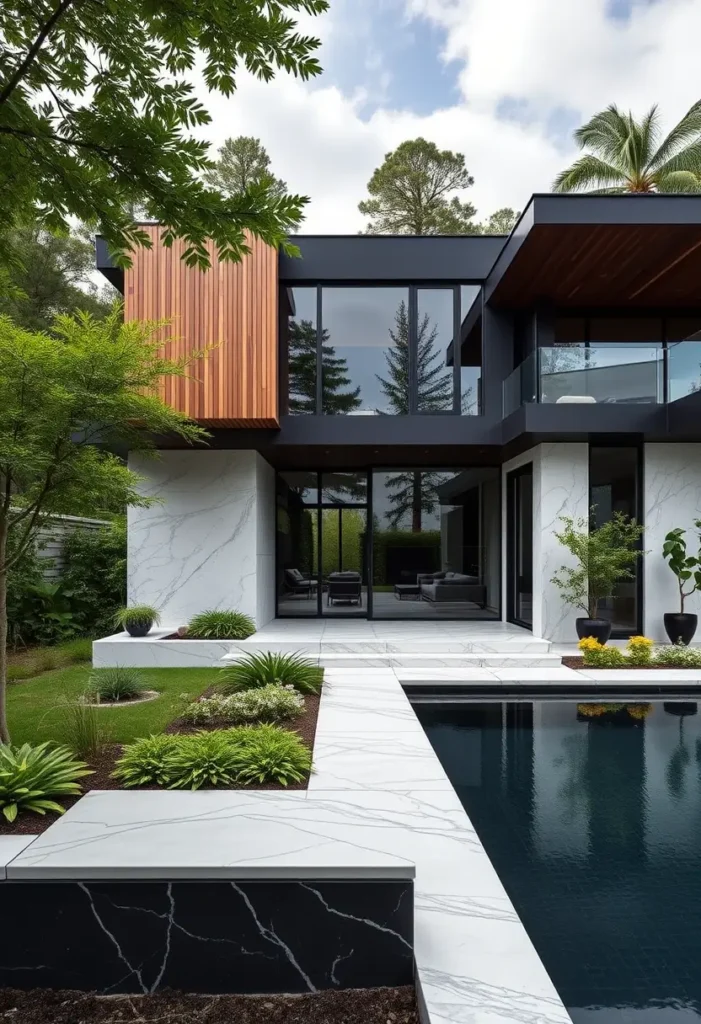 Black modern house with white marble textures, wooden accents, glass panels, and a pool surrounded by vibrant greenery. Black Modern Small House