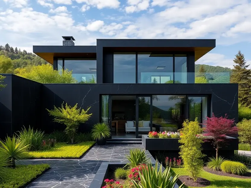 Black modern house with marble textures, vibrant landscaping, large glass panels, and manicured pathways under a bright blue sky.