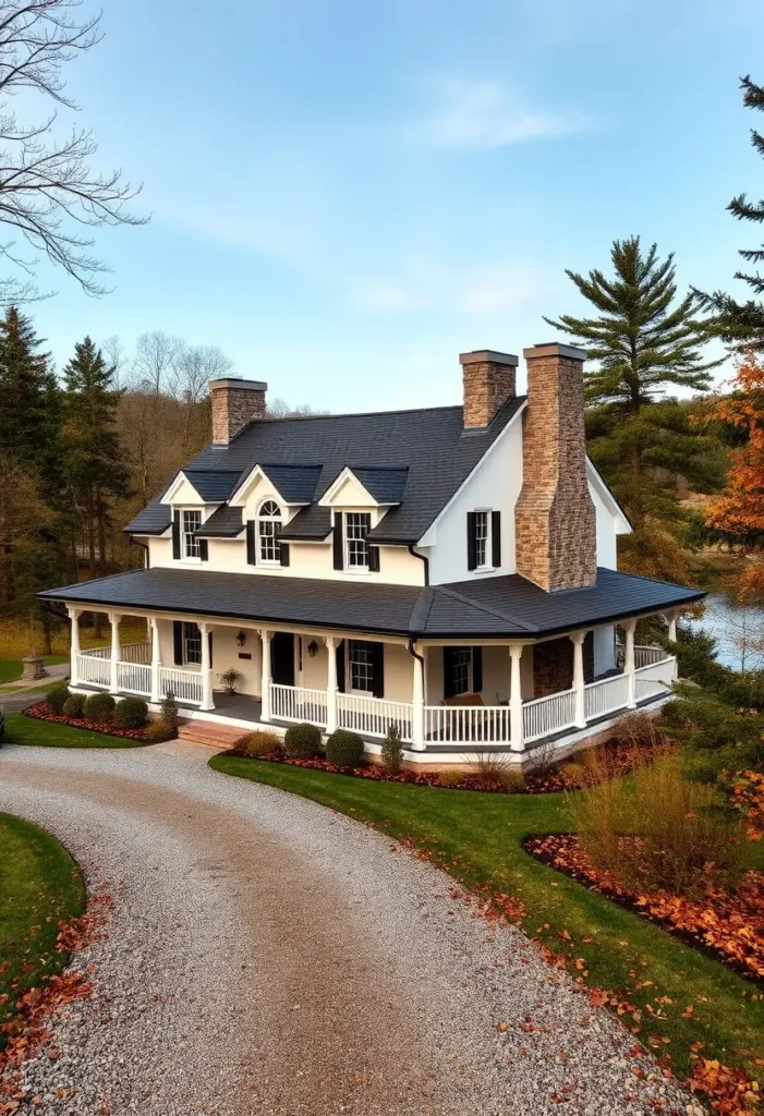 White country cottage with stone chimneys and a wraparound porch surrounded by greenery.