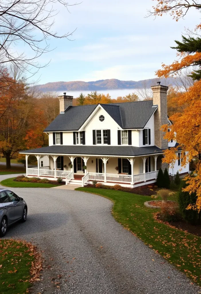 White country cottage with stone chimneys and wraparound porch surrounded by autumn trees.