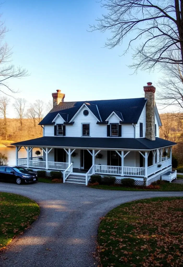 White country cottage with wraparound porch and brick chimneys by a lakeside.