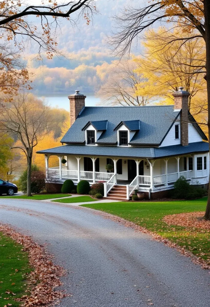 White cottage with wraparound porch and stone chimneys, surrounded by autumn trees near a lake.