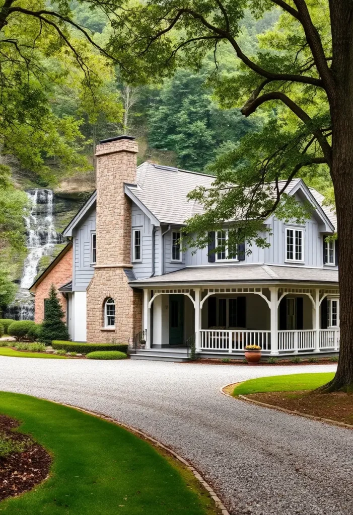 Gray cottage with stone accents and a wraparound porch near a cascading waterfall.