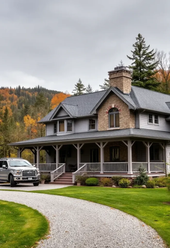 Stone-accented gray cottage with a wraparound porch set against a mountain backdrop in autumn.