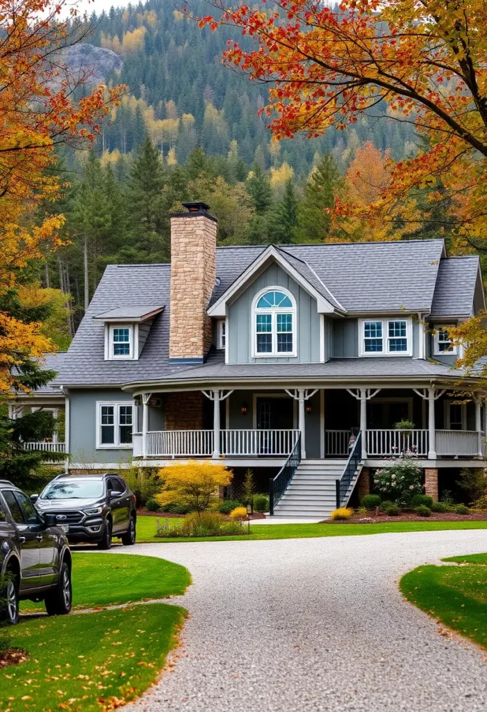 Elevated gray cottage with a stone chimney, wraparound porch, and arched windows surrounded by autumn trees.