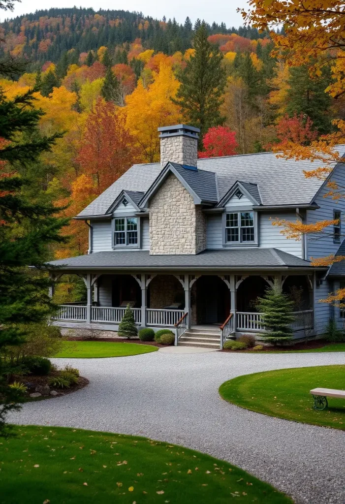 Gray cottage with stone accents and wraparound porch surrounded by colorful autumn trees.