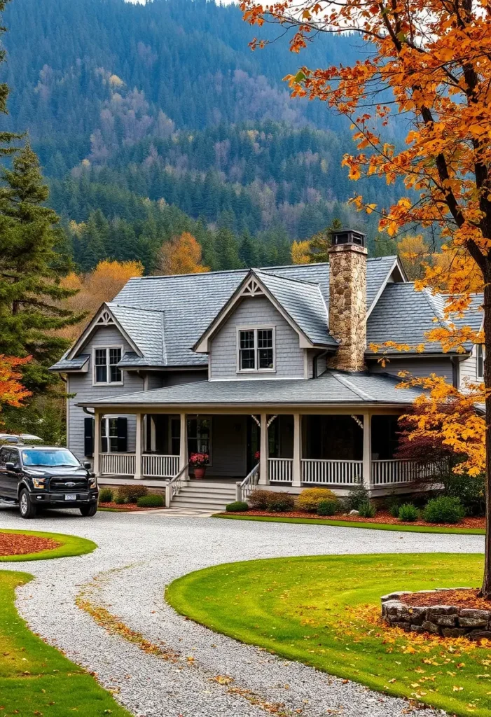 Gray mountain cottage with stone chimney and wraparound porch surrounded by autumn trees and forest.