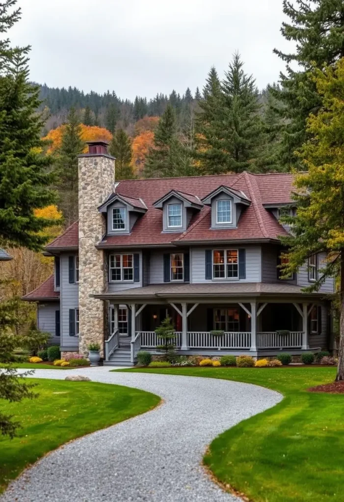 Large gray country cottage with a red roof, stone chimney, and wraparound porch surrounded by lush greenery and trees.