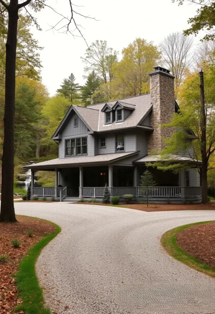 Gray forest cottage with a stone chimney and wraparound porch near a cascading waterfall.