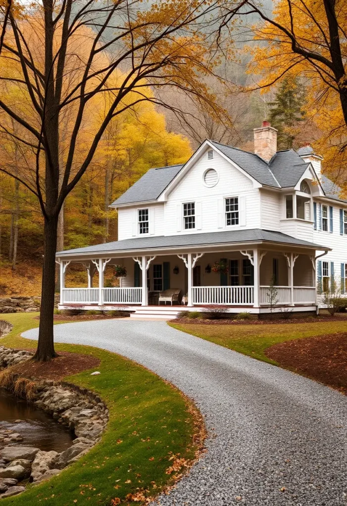 White cottage with a wraparound porch and stone chimney by a creek, surrounded by autumn trees.