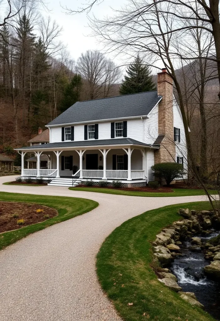 White cottage with wraparound porch and stone chimney next to a babbling creek in a wooded setting.