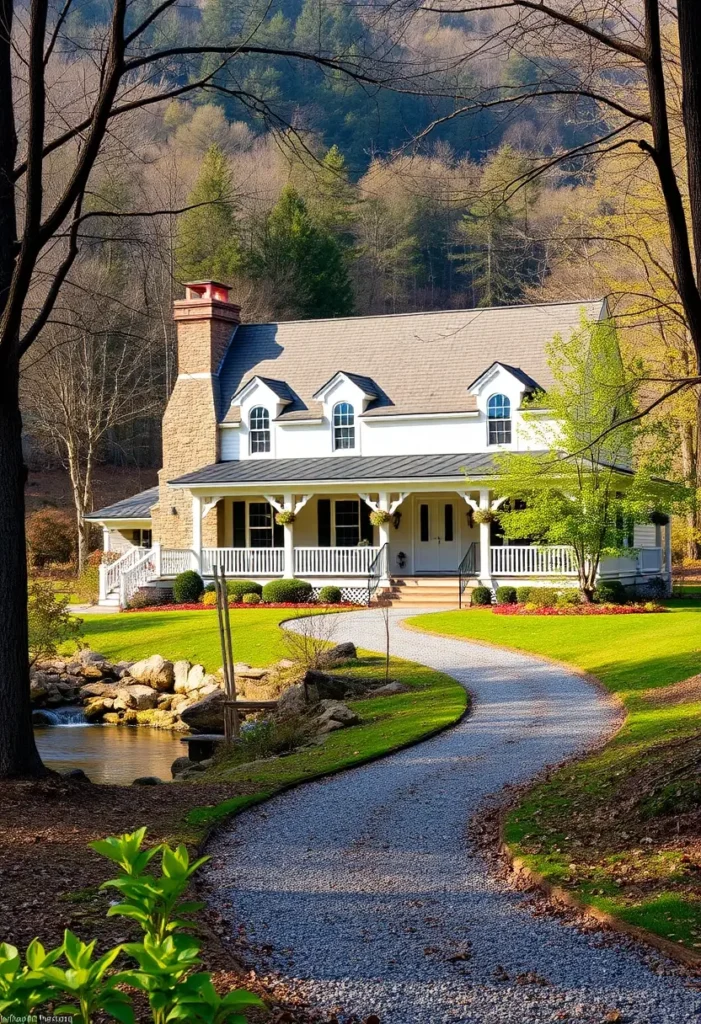 White cottage with a wraparound porch, stone chimney, and creekside setting surrounded by lush landscaping.