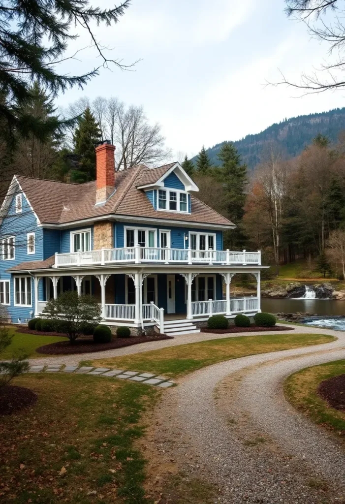 Blue cottage with white trim, wraparound porch, and stone chimney near a waterfall.