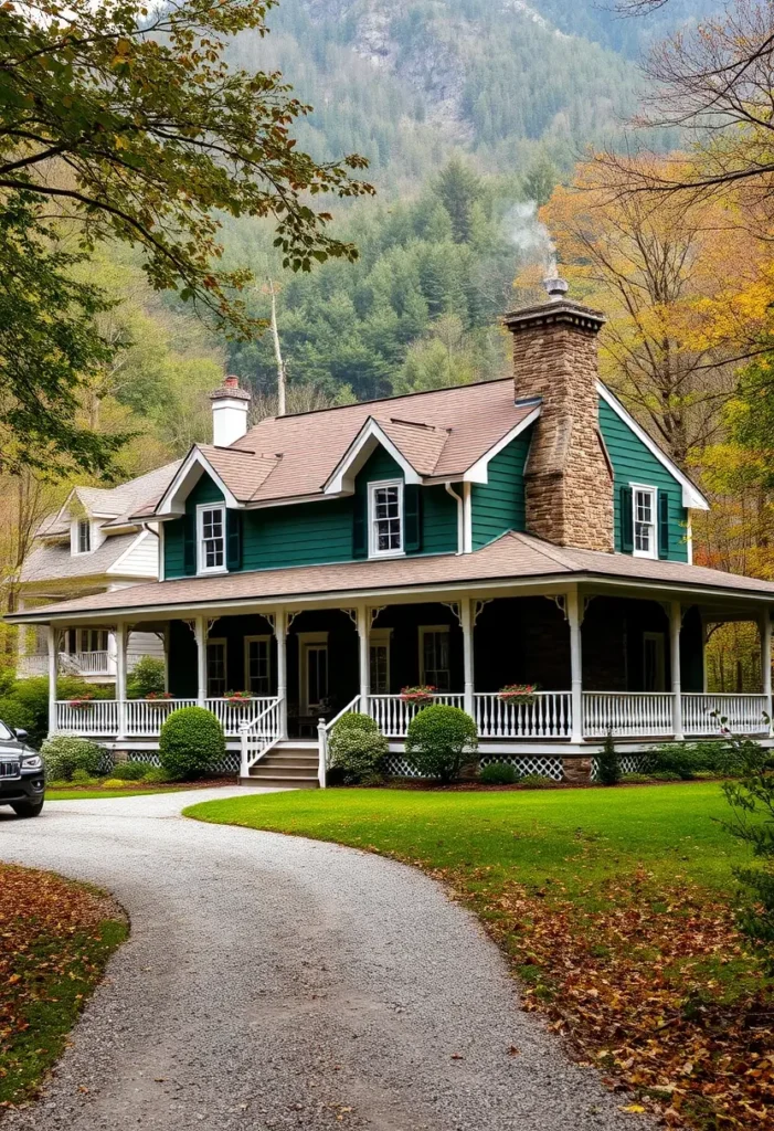 Green country cottage with white trim, stone chimney, and wraparound porch in a forest setting.